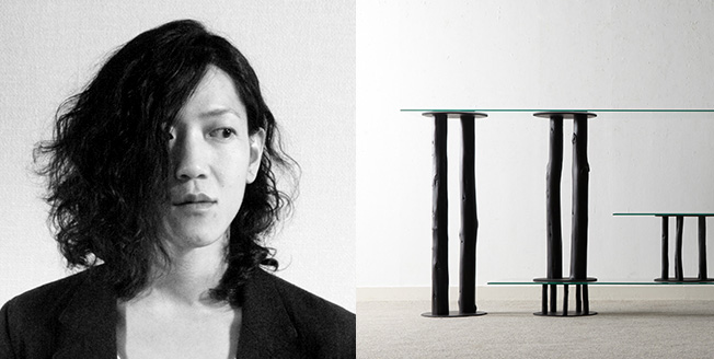 Hiroyuki Morita, designer e tronchi d’albero di differenti altezze. Collage con Hiroyuki Morita designer e a destra tronchi d’albero di differenti altezze
