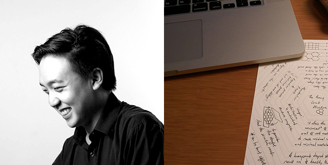 Collage di foto: a sinistra Benjamin Xue (designer), a destra un notebook e un foglio con appunti. Collage di foto a sinistra Benjamin Xue designer a destra un notebook e un foglio con appunti