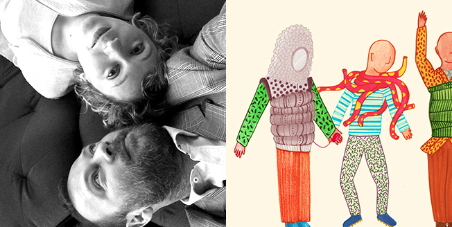 Collage: due dedigner e un disegno con manichini vestiti con abiti sgargianti. Collage due dedigner e un disegno con manichini vestiti con abiti sgargianti